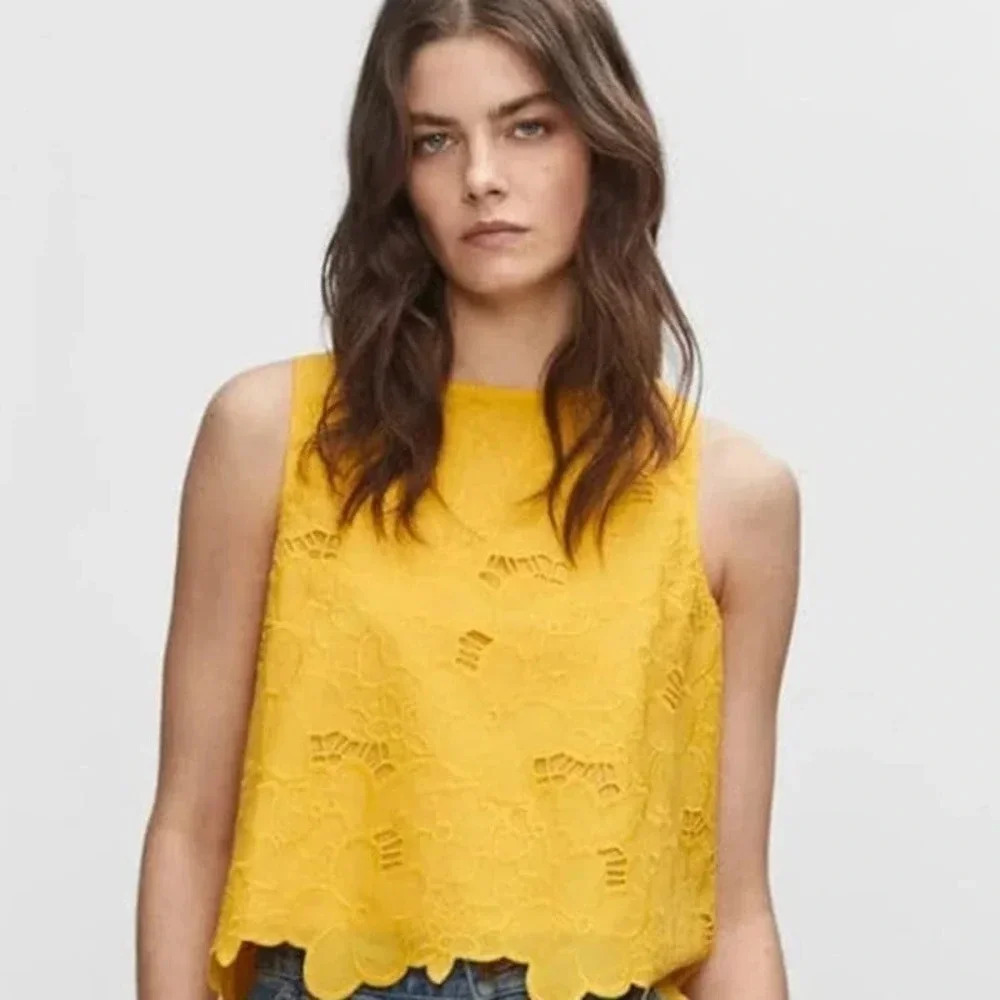 Mango Women's Yellow Embroidered Openwork Tank Top Size 10